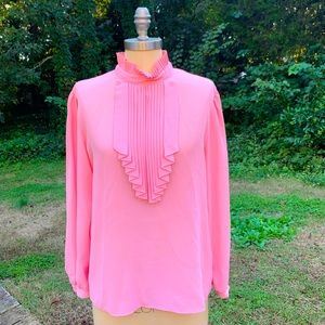Vintage Long Sleeve, Pink, Pleated Collared Blouse